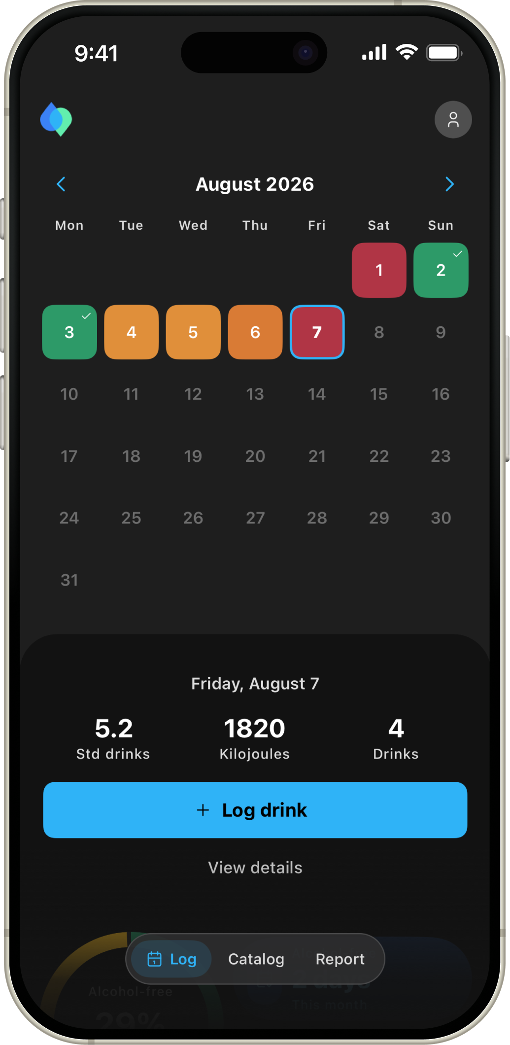 DrinkData calendar and log drink screens